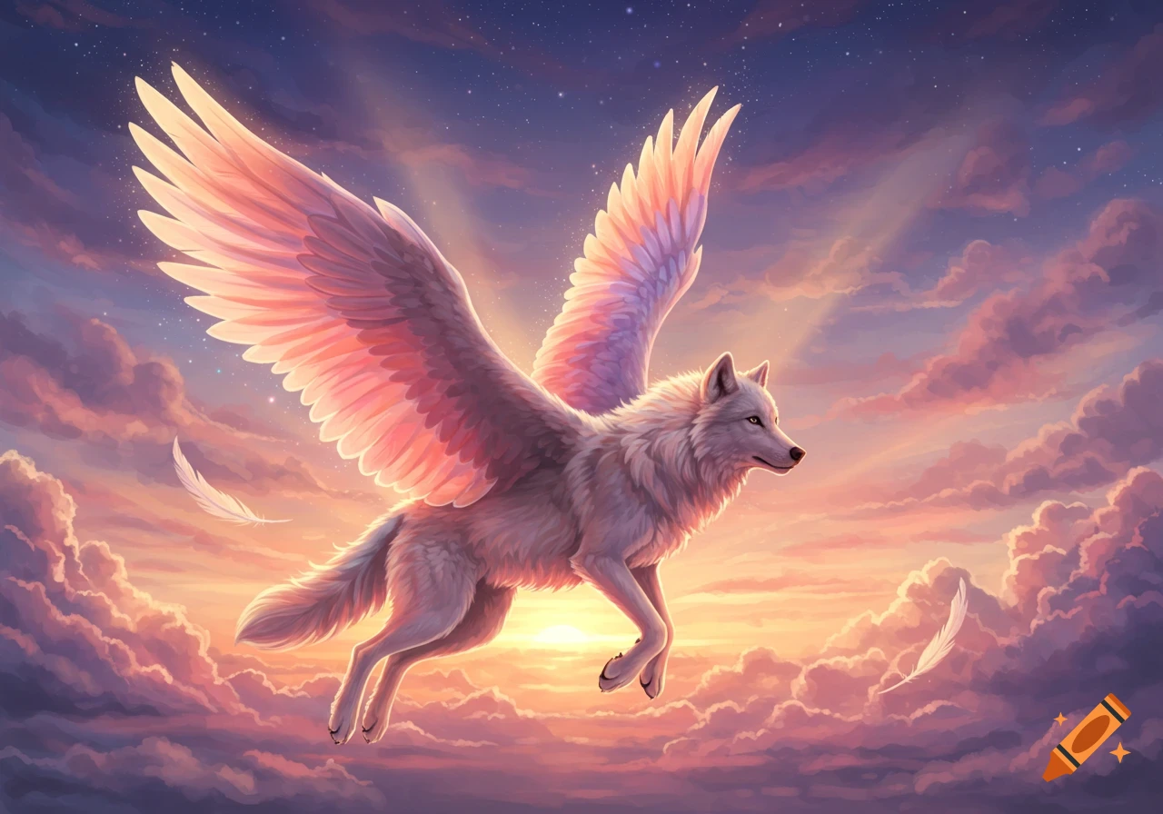 A majestic white winged wolf flies through a vibrant, star-dusted sky at sunset amidst colorful clouds.