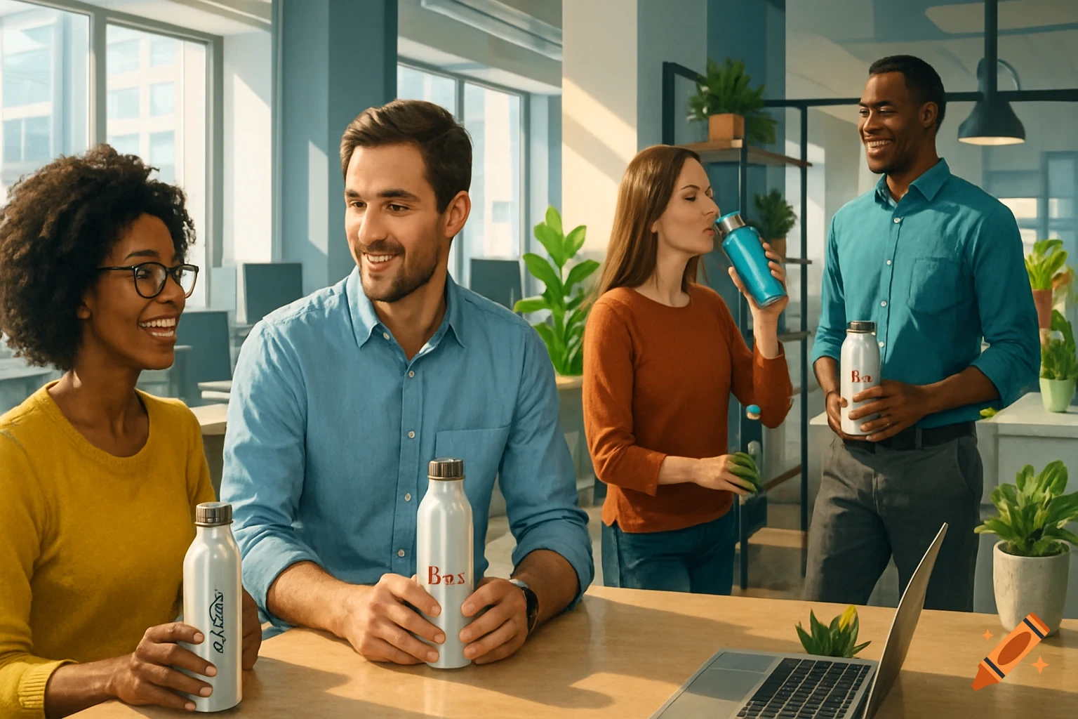 Four smiling colleagues in a bright modern office, two holding white water bottles, one drinking from a blue bottle.