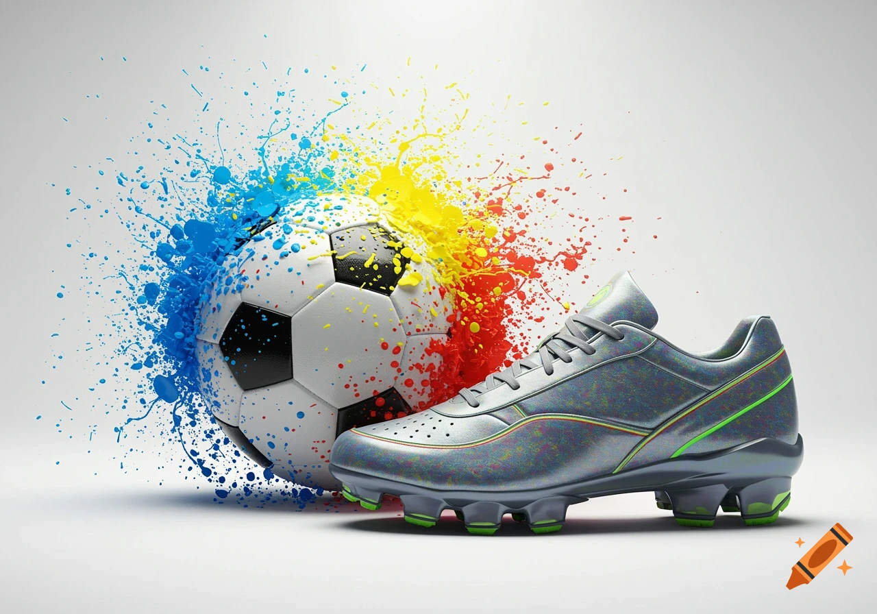 A soccer ball with vibrant blue, yellow, and red paint splashes behind it, next to a silver and green trainer shoe on a white background.