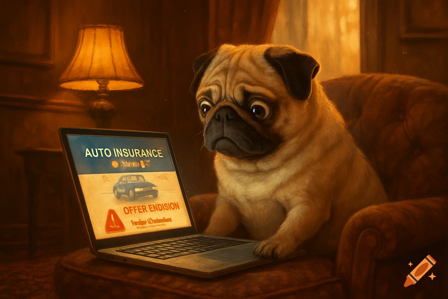 A worried-looking pug sits on an armchair, gazing intently at a laptop screen displaying "AUTO INSURANCE" and a car image.