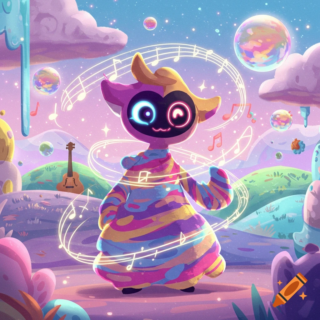 A cute, colorful cartoon character surrounded by floating musical notes in a whimsical, pastel landscape with bubbles and a ukulele.