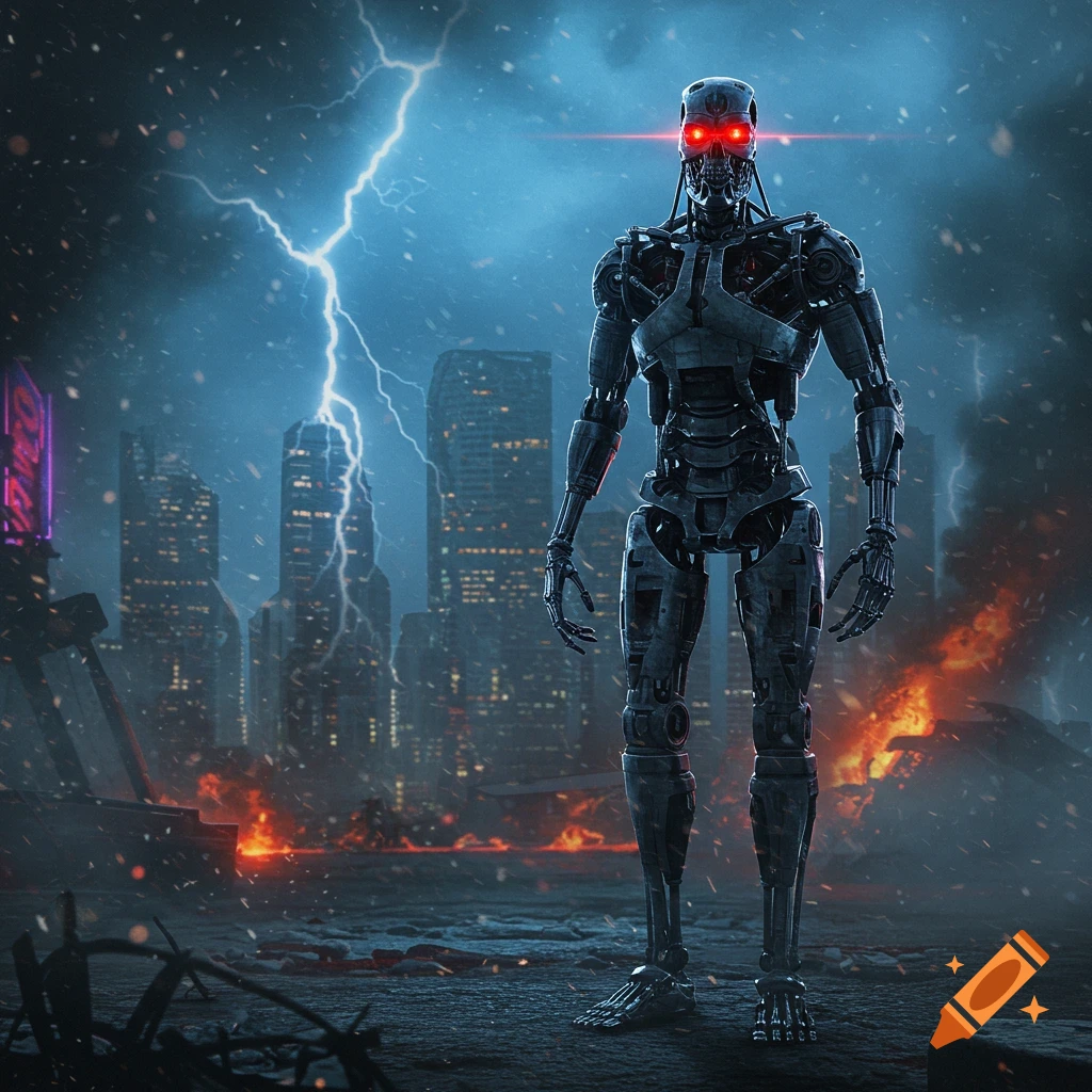 A photorealistic metallic robot with glowing red eyes stands amidst a destroyed city under a stormy, lightning-filled sky with fires.