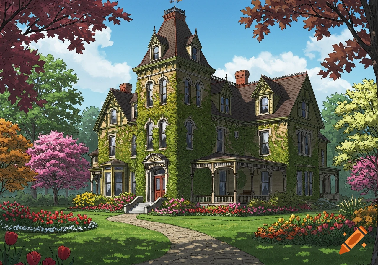 A large, ornate Victorian house covered in green ivy, surrounded by a vibrant garden with colorful flowers and trees, under a blue sky. Illustrated style.