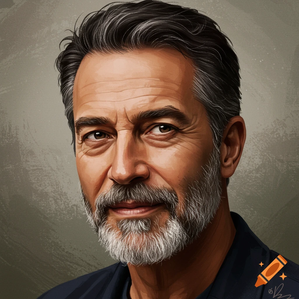 A detailed illustration of a middle-aged man with dark hair, grey temples, and a short grey beard, looking forward with a kind expression.