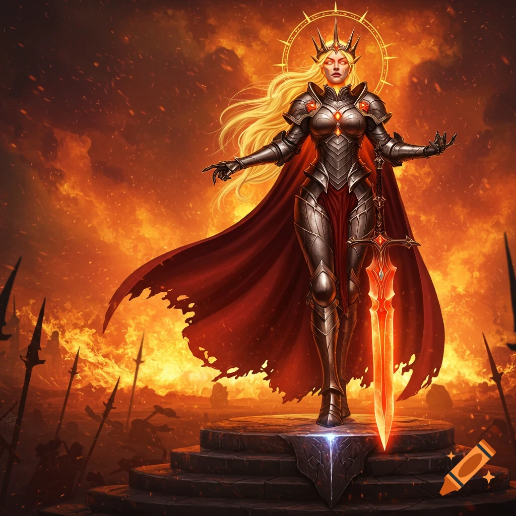 A blonde warrior queen in ornate armor stands on a pedestal, holding a glowing sword against a fiery, smoke-filled battlefield.