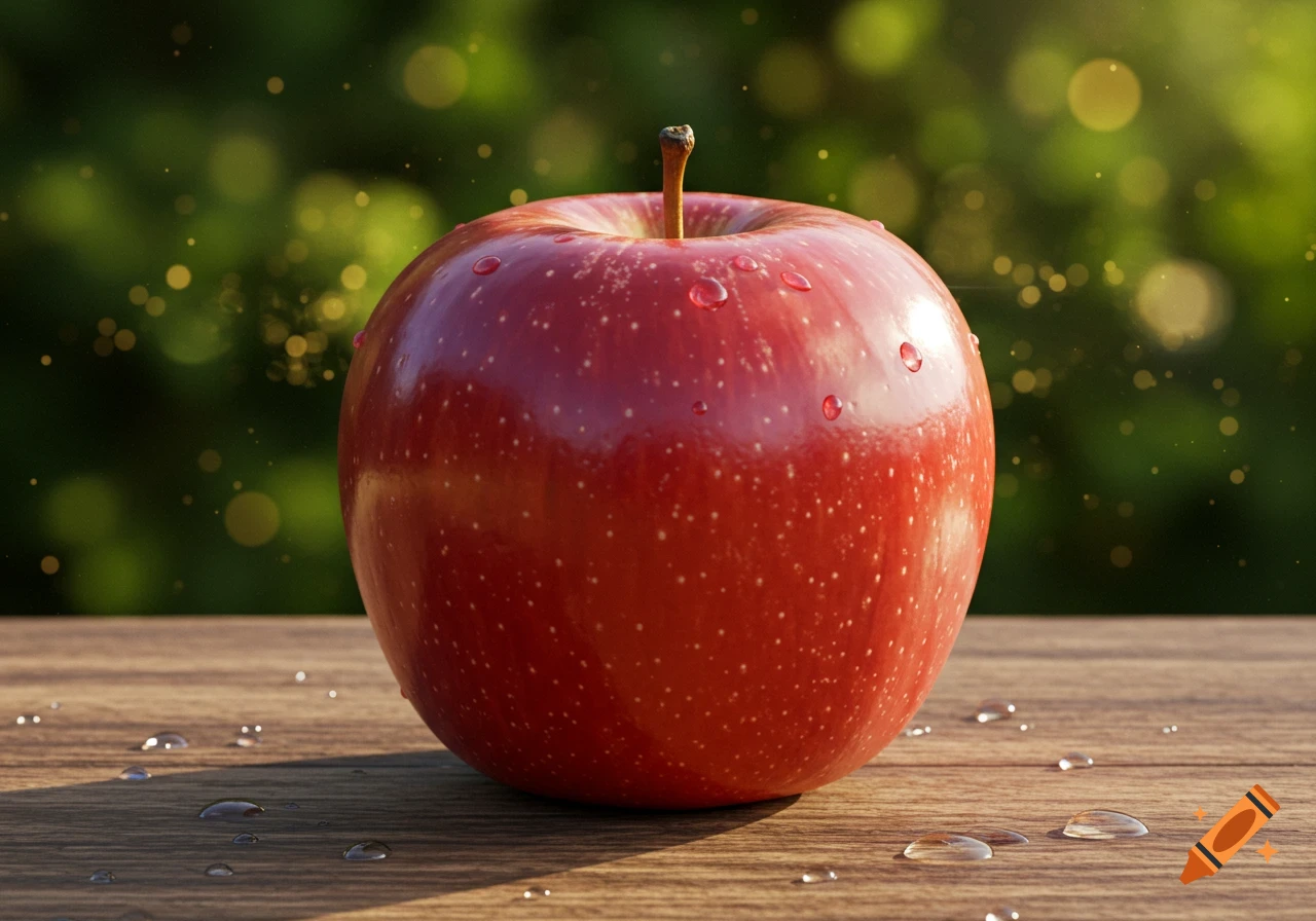 A vibrant red apple with water droplets sits on a wooden table, against a blurred green background.