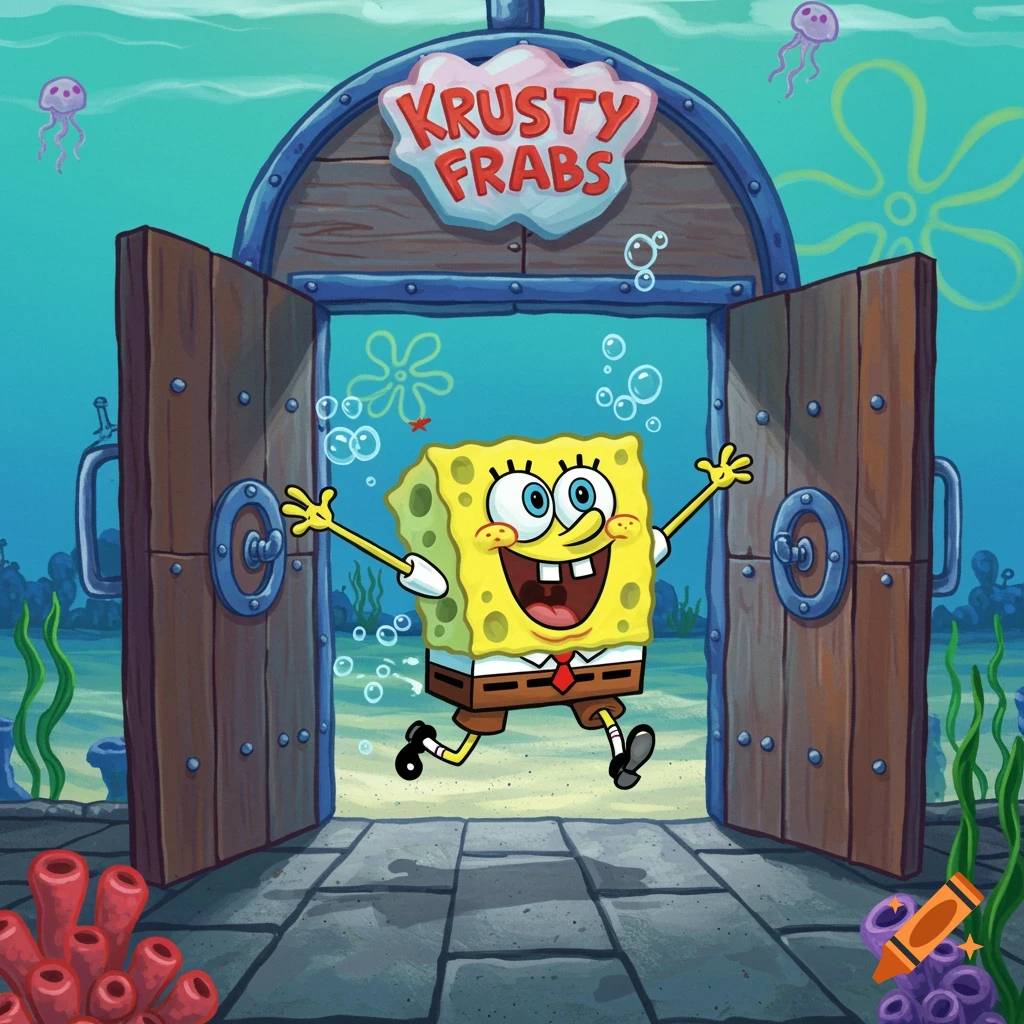 SpongeBob SquarePants happily runs out of the Krusty Frabs restaurant, which is underwater, in a bright cartoon style.