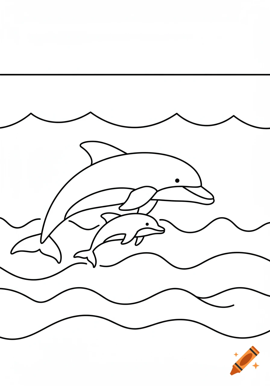 Simple black line art illustration of an adult dolphin and a baby dolphin jumping in ocean waves, coloring page style.