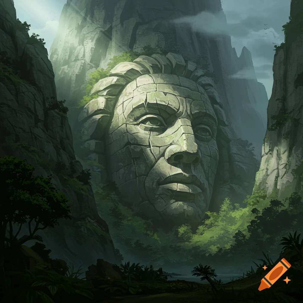 A colossal stone face carving integrated into a mountain, surrounded by dark green jungle with sun rays breaking through clouds.