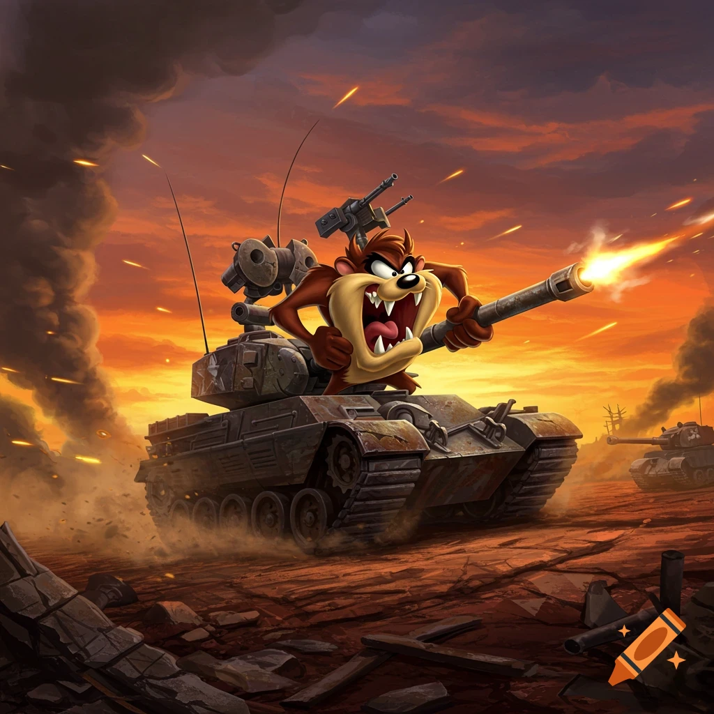 Taz, the Tasmanian Devil, roars from atop a war tank firing its cannon amidst explosions and smoke at sunset, in a dynamic cartoon style.