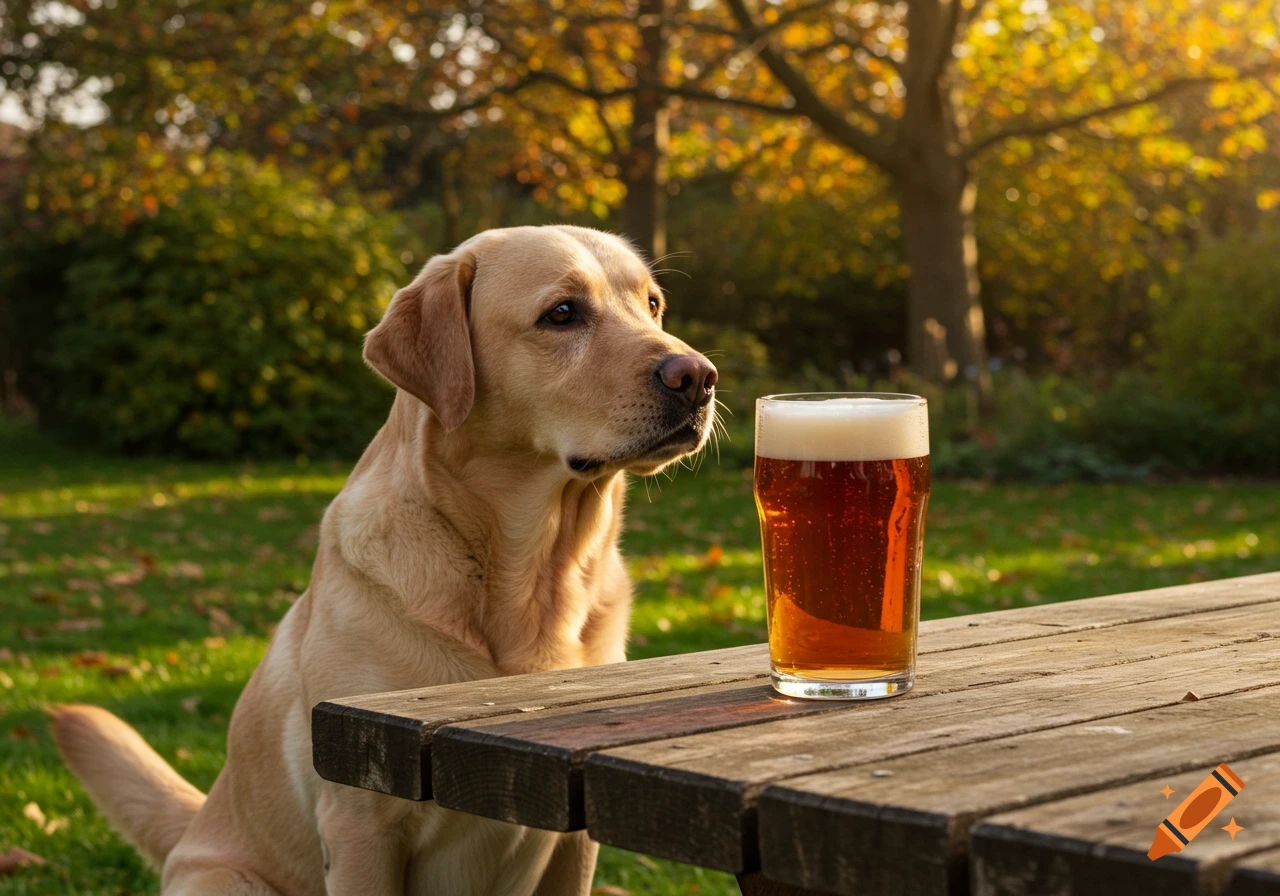 A photorealistic image of a golden labrador dog sitting outdoors next to a pint of beer on a wooden table in warm, autumn sunlight.