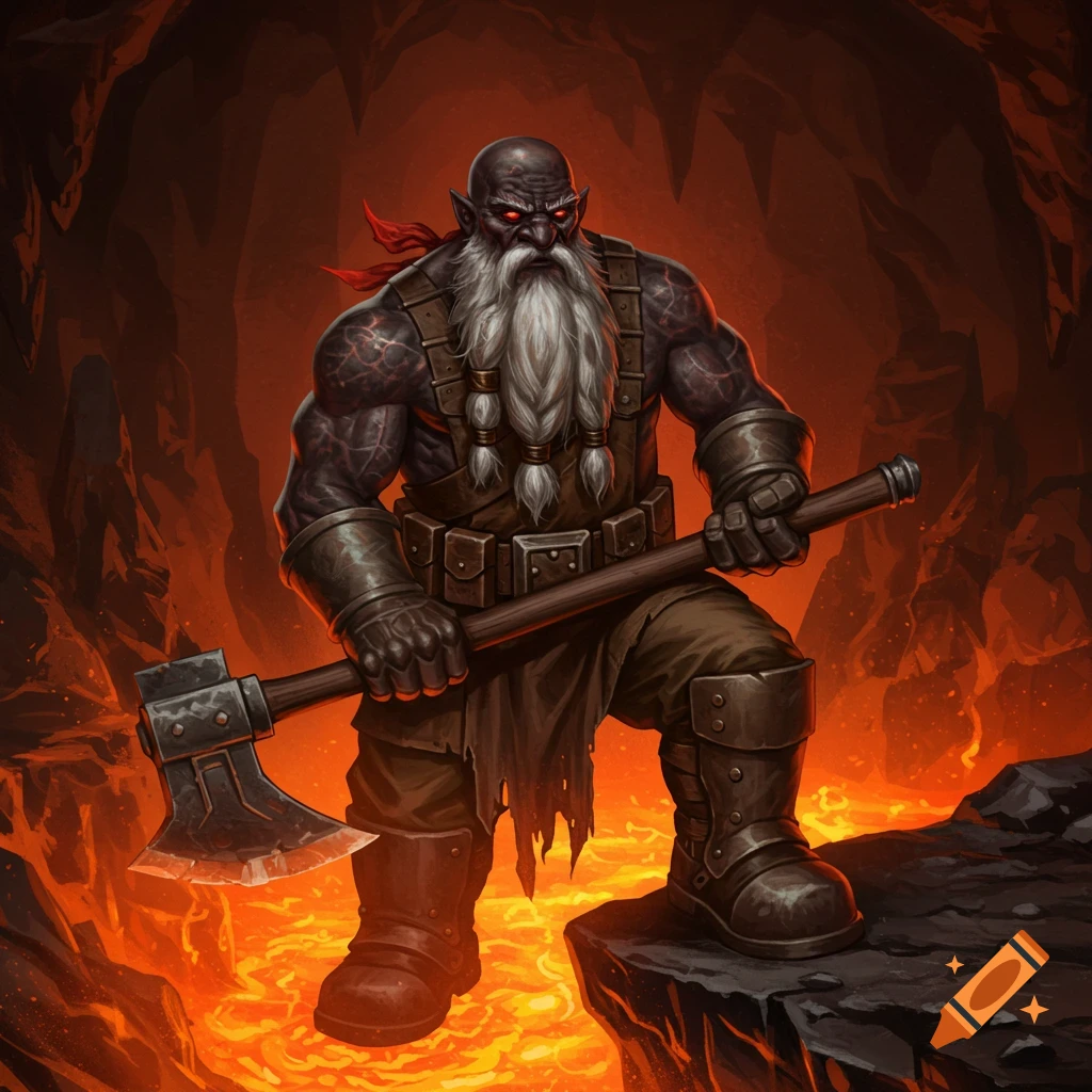 A powerful dwarven miner with dark skin, a long white beard, and glowing red eyes stands in a fiery cavern, holding a large battle axe.
