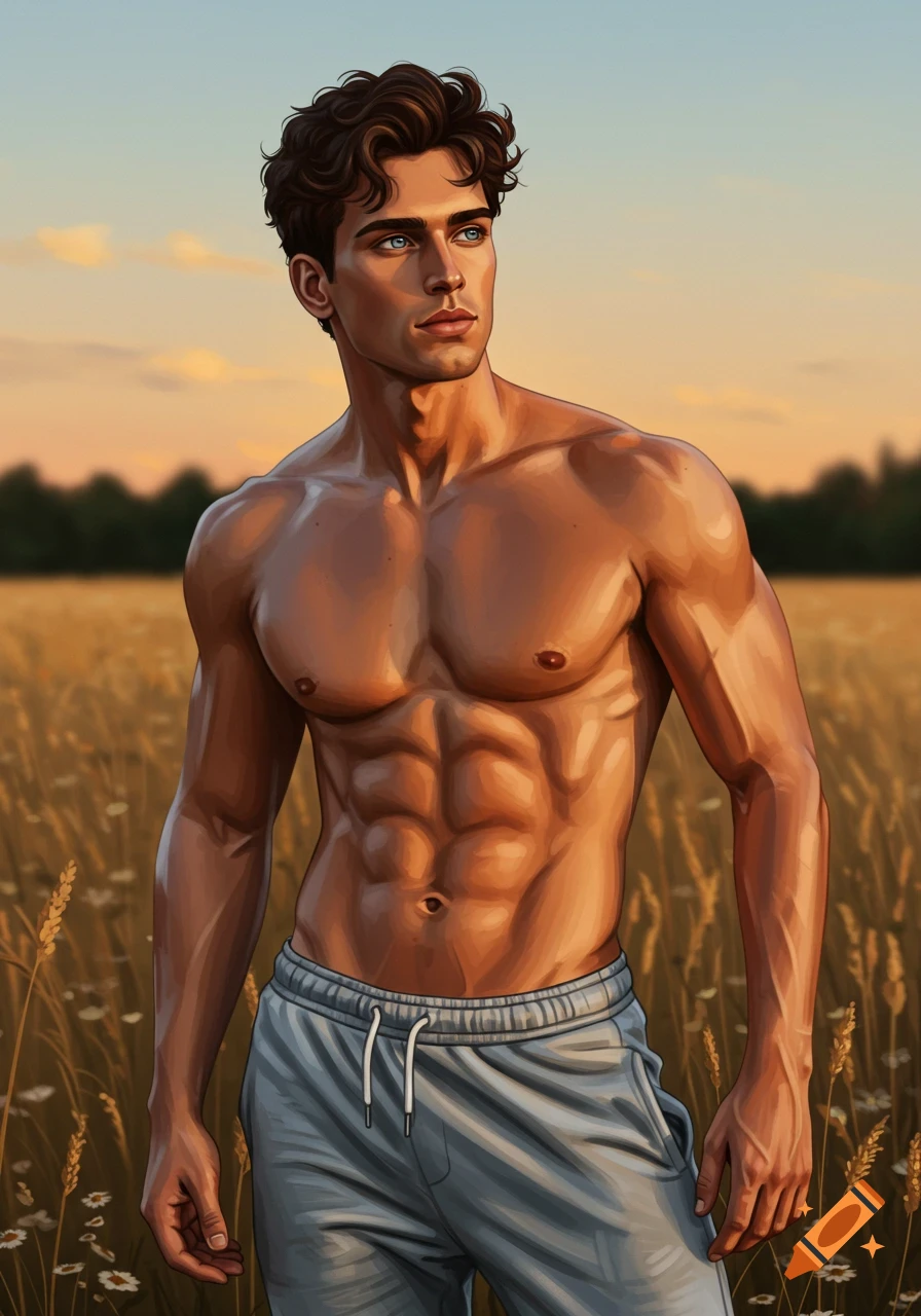 An illustrated muscular man with dark wavy hair and blue eyes stands shirtless in grey sweatpants in a wheat field at sunset.