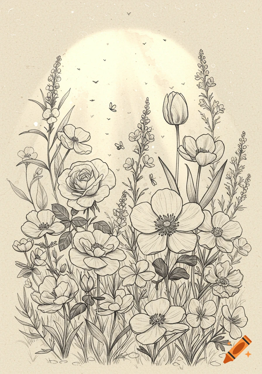 A black and grey line art illustration of a dense garden scene with various flowers like roses and tulips under gentle sunlight on a textured background.