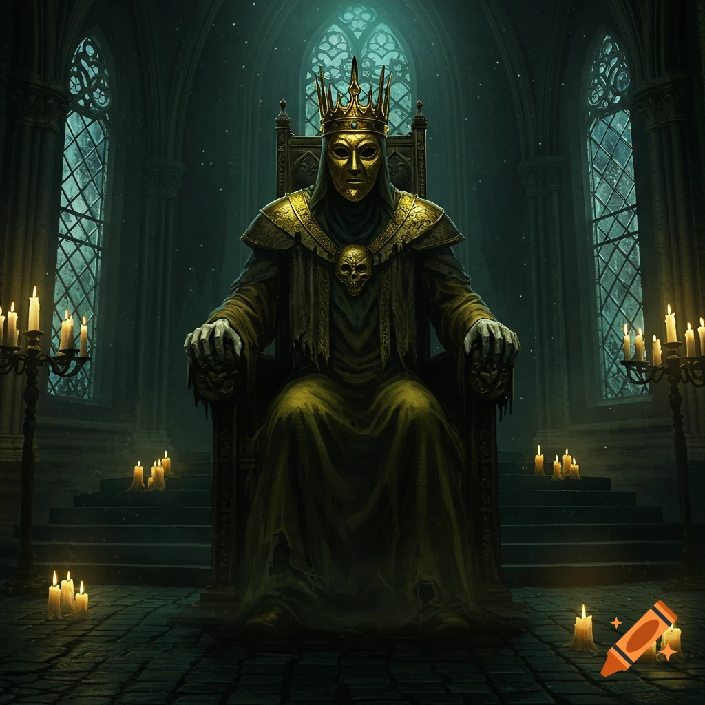 A masked king in golden robes sits on a dark throne in a gothic castle hall, surrounded by lit candles.