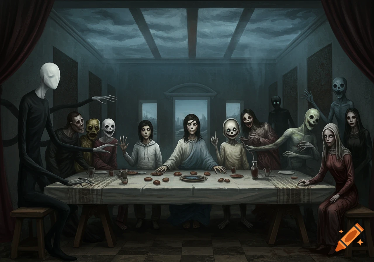 A dark, macabre Last Supper parody with Slenderman, Jeff the Killer, and other creepypasta entities at a long table.