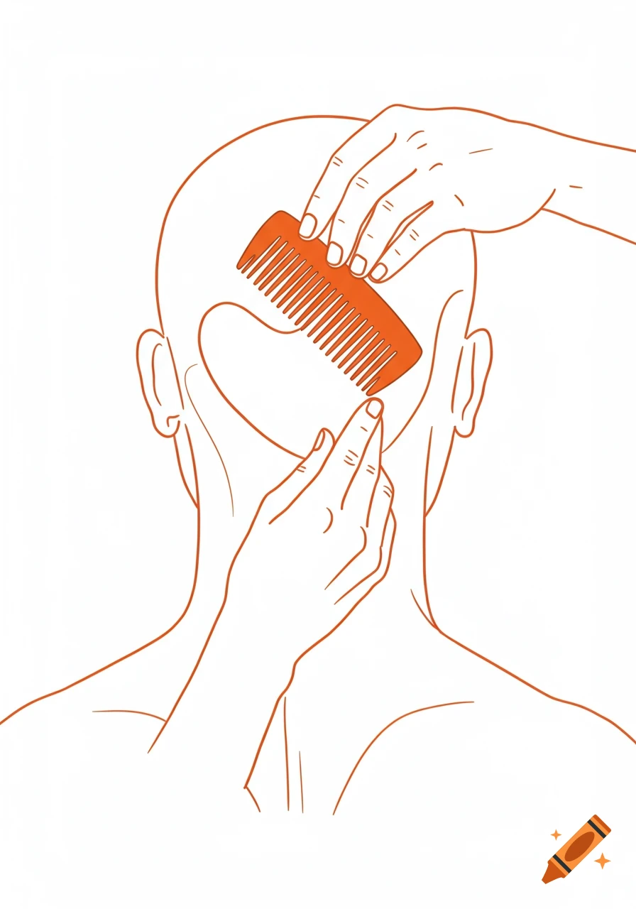 Line drawing of the back of a man's head and neck, with hands holding an orange comb.