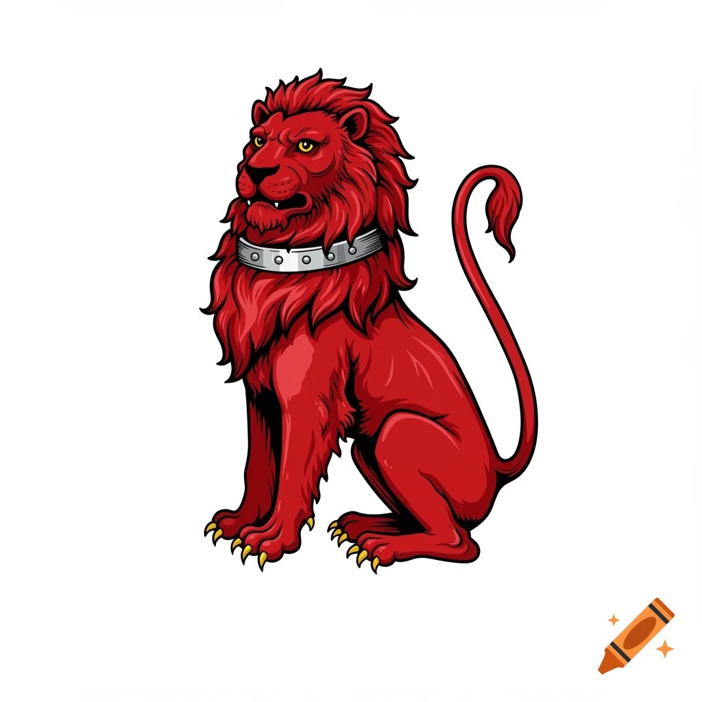 A red lion sejant wearing a silver collar, in a traditional heraldic illustration style on a white background.
