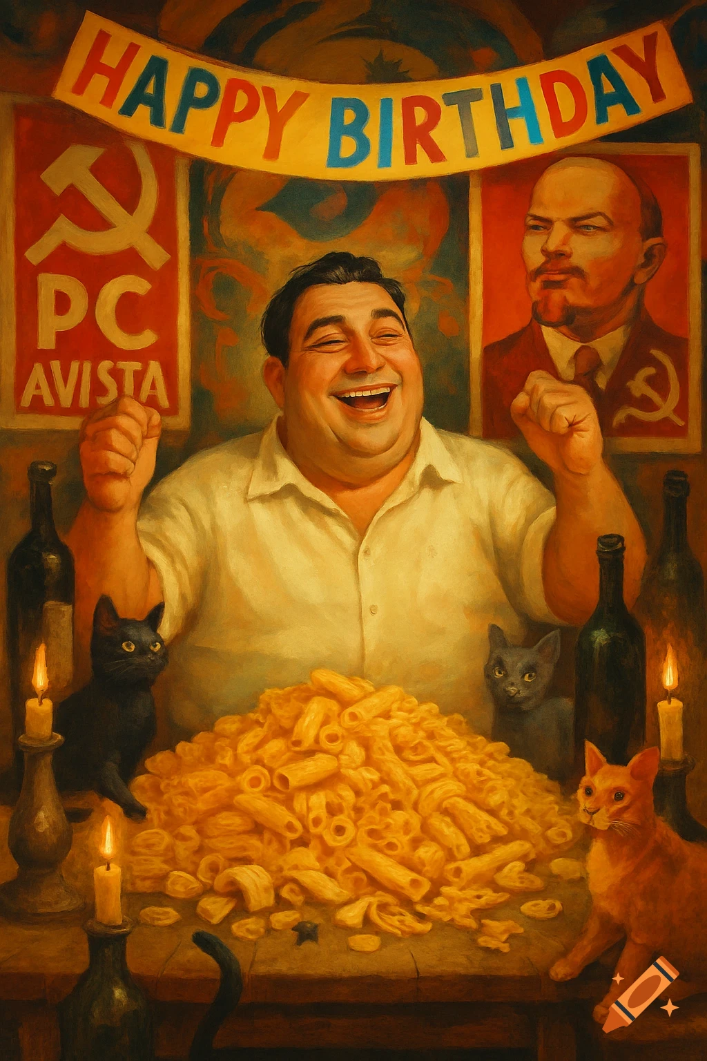 A jovial man laughs at a table covered in pasta and wine, surrounded by cats, under a 'Happy Birthday' banner and Soviet propaganda posters.
