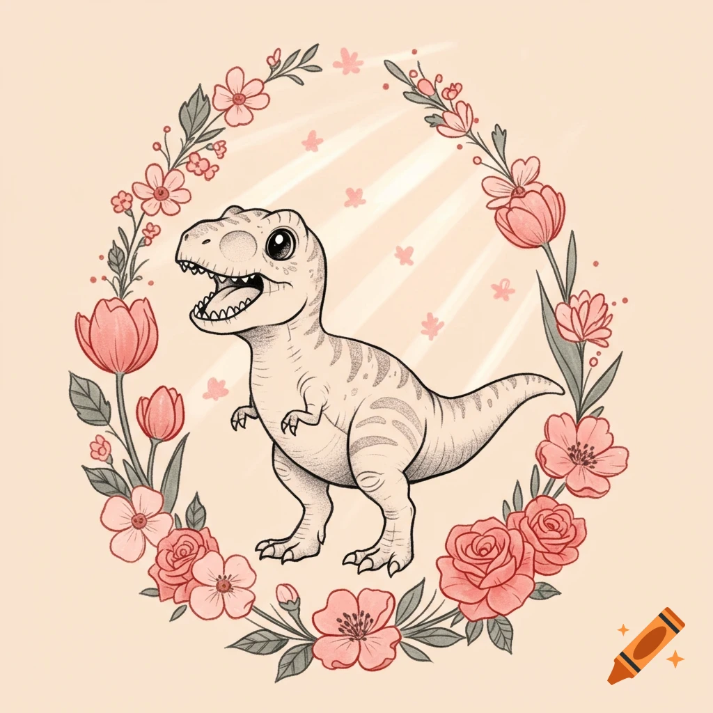 A cute, cartoon T-Rex with an open mouth, surrounded by a wreath of pink roses and tulips.