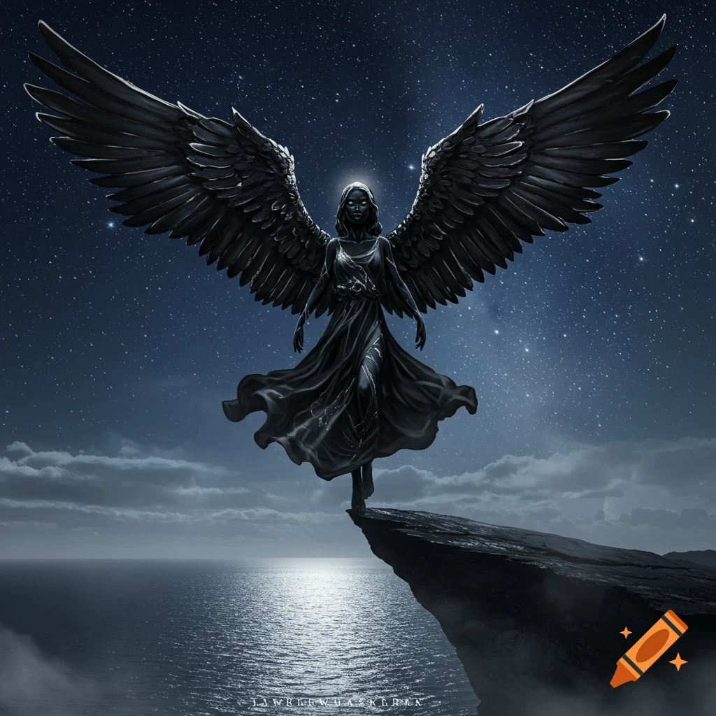 A dark angel with large black wings stands on a cliff edge overlooking a moonlit ocean under a starry night sky. Stylized digital art.