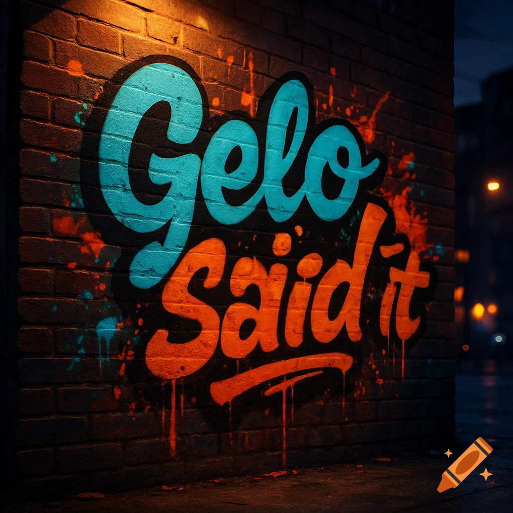Blue and orange graffiti "Gelo Said it" on a brick wall, illuminated by a spotlight at night, with blurred streetlights in the background.