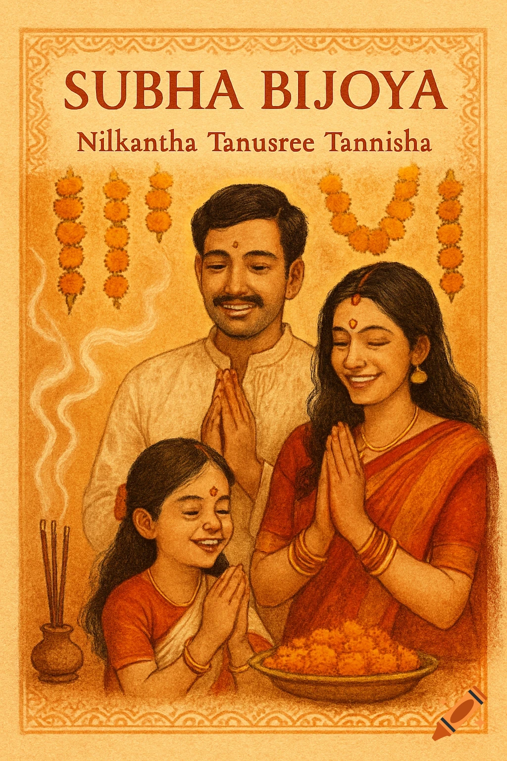 Illustration of an Indian family with folded hands, marigold garlands, and offerings, with "Subha Bijoya" text.