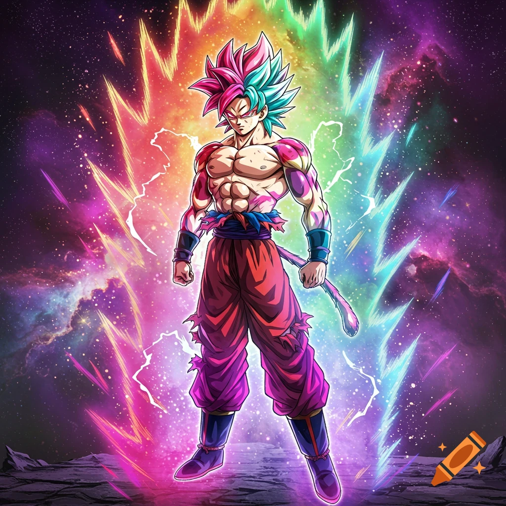 Muscular anime character with split pink and blue hair, like Dragon Ball Z's Goku, radiating a vibrant rainbow aura in a cosmic setting.