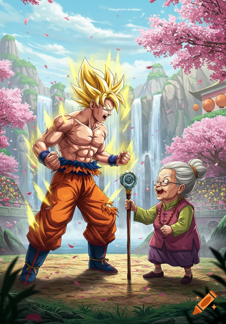 Anime illustration of Super Saiyan Goku facing an old woman with a staff, surrounded by cherry blossoms and waterfalls.