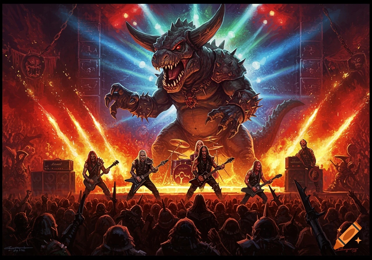 A heavy metal band performs on a fiery stage with a giant horned monster, illuminated by bright lights, in a dark fantasy art style.