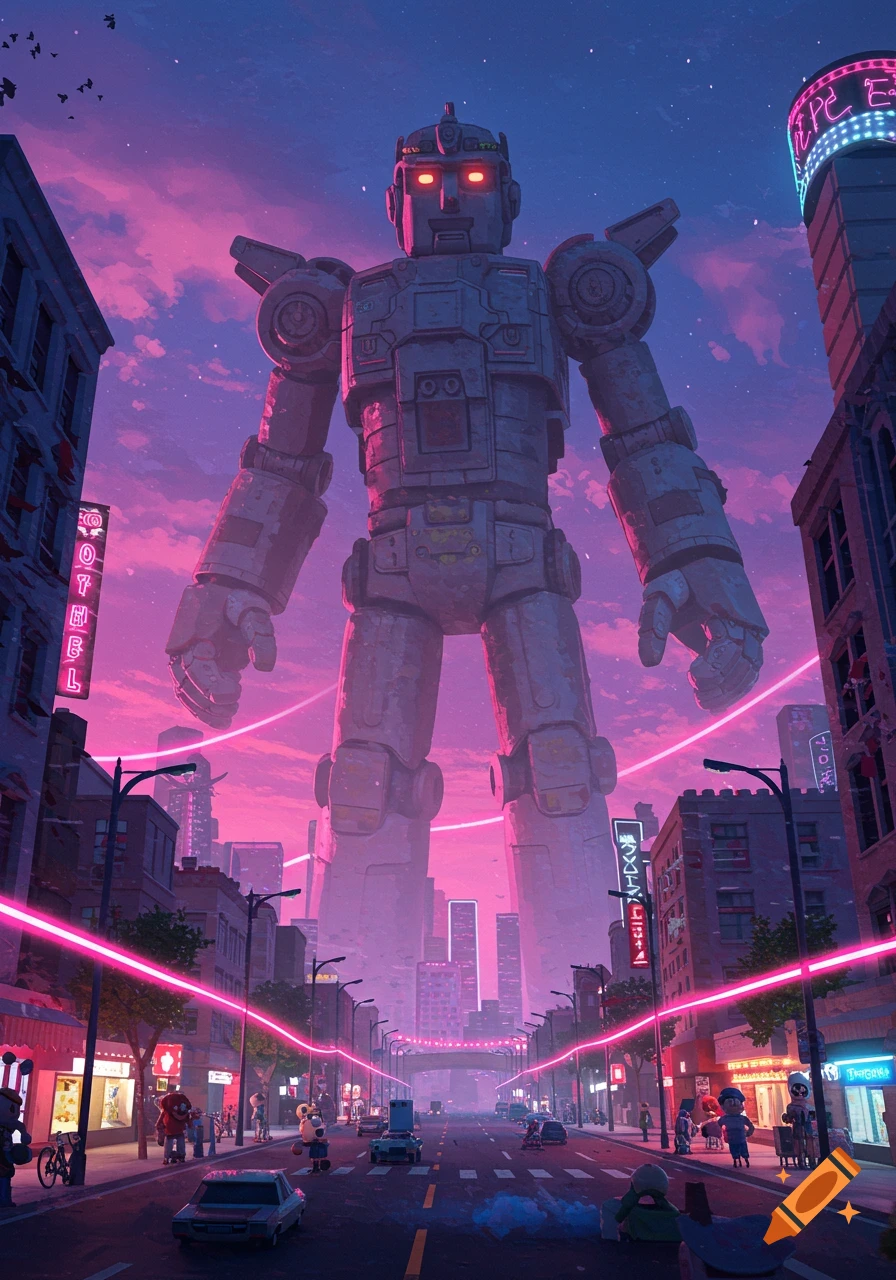 A colossal robot with glowing red eyes stands in the middle of a neon-lit city street at dusk under a pink and purple sky.
