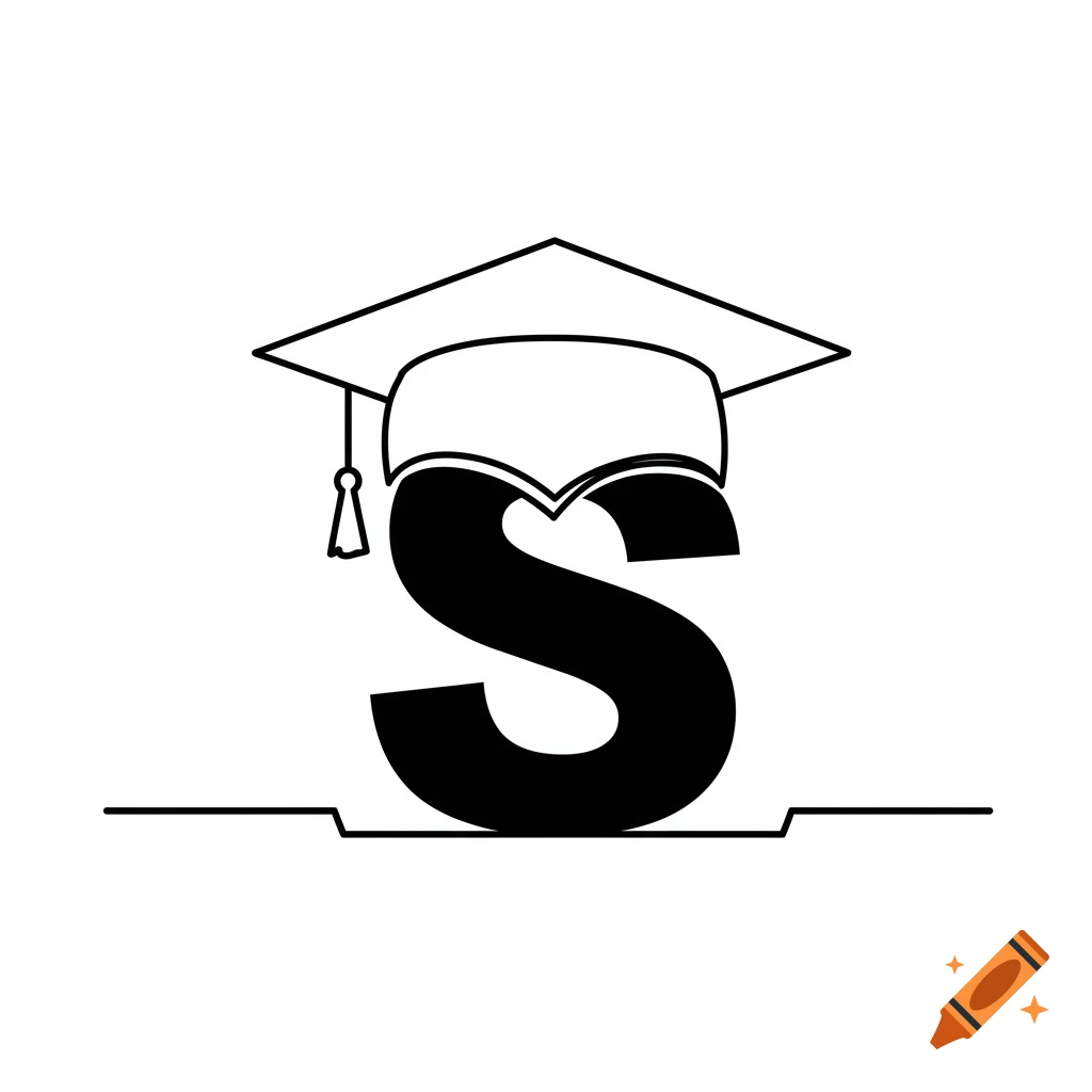 Line art illustration of a black letter S with a graduation cap on top.