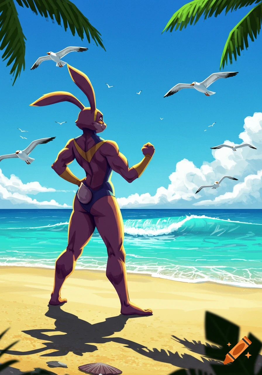 Muscular anthropomorphic rabbit in a swimsuit stands on a sunny beach looking at the ocean with seagulls in a vibrant illustration.