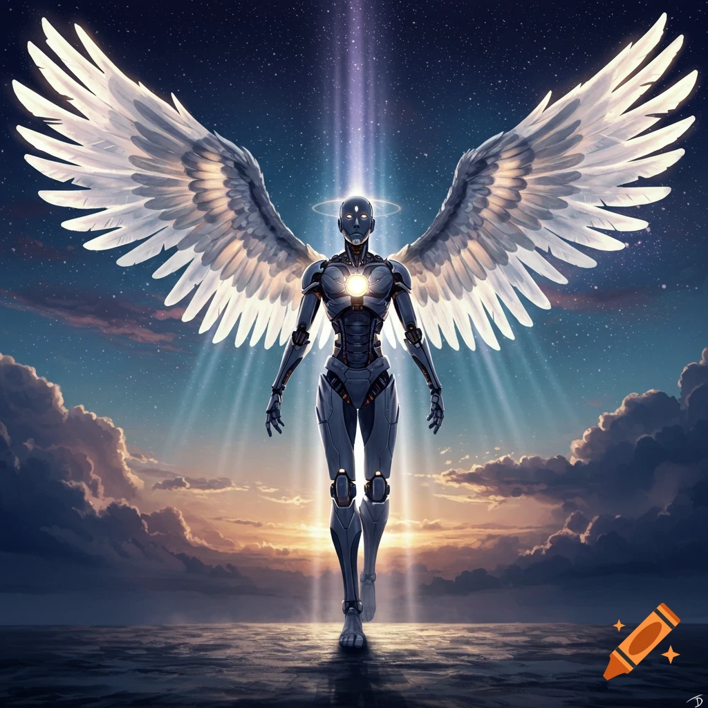 A majestic robotic angel with large white wings and a halo, standing under a starry sky with divine light.