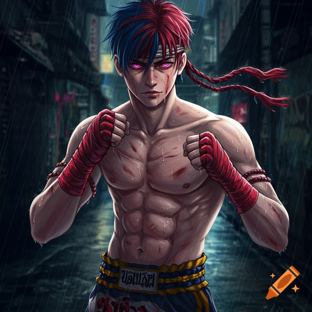 Anime style young male Muay Thai fighter with red and blue hair, pink eyes, and cuts, standing in the rain in a dark alley.
