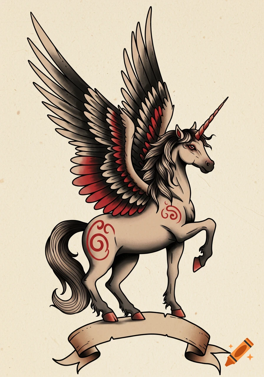 A traditional tattoo style illustration of a winged unicorn with red and black feathers and red swirl markings on a light background.