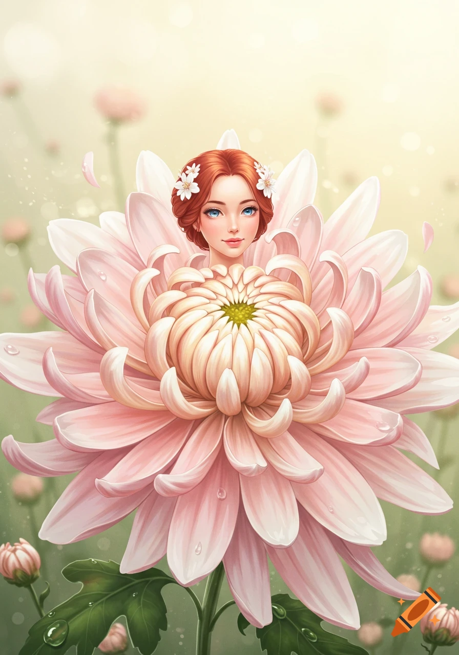 A beautiful woman's face with red hair emerges from a large pink chrysanthemum, surrounded by soft floral background in digital art.