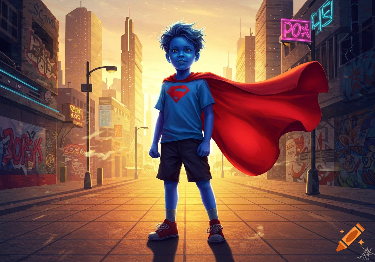 A blue-skinned boy in a blue superhero shirt with a red S logo, black shorts, and a flowing red cape stands in an urban street at sunset, looking heroic.