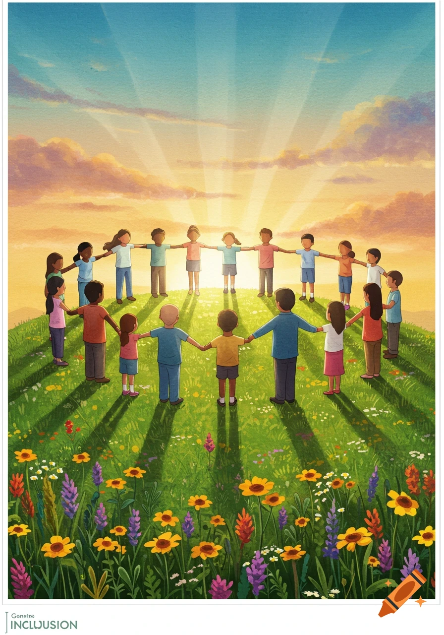 Watercolor illustration of diverse children and adults holding hands in a circle on a sunlit grassy hill with wildflowers.