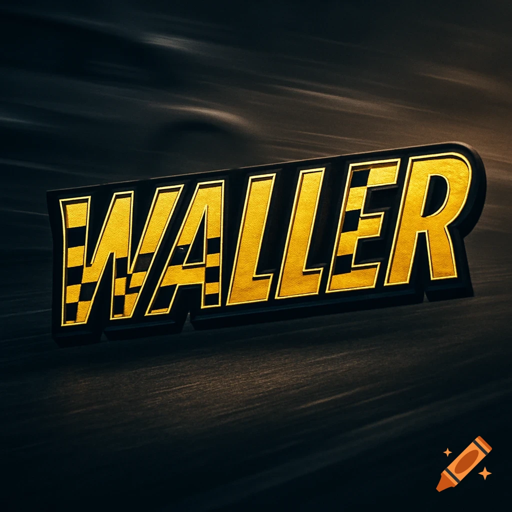 Stylized golden text 'WALLER' with a checkered 'W' against a dark, blurred background.