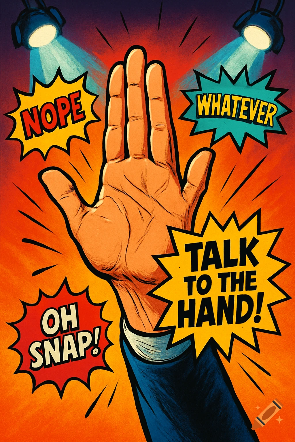A pop art illustration of a raised hand with speech bubbles saying 'NOPE', 'WHATEVER', 'OH SNAP!', and 'TALK TO THE HAND!'.
