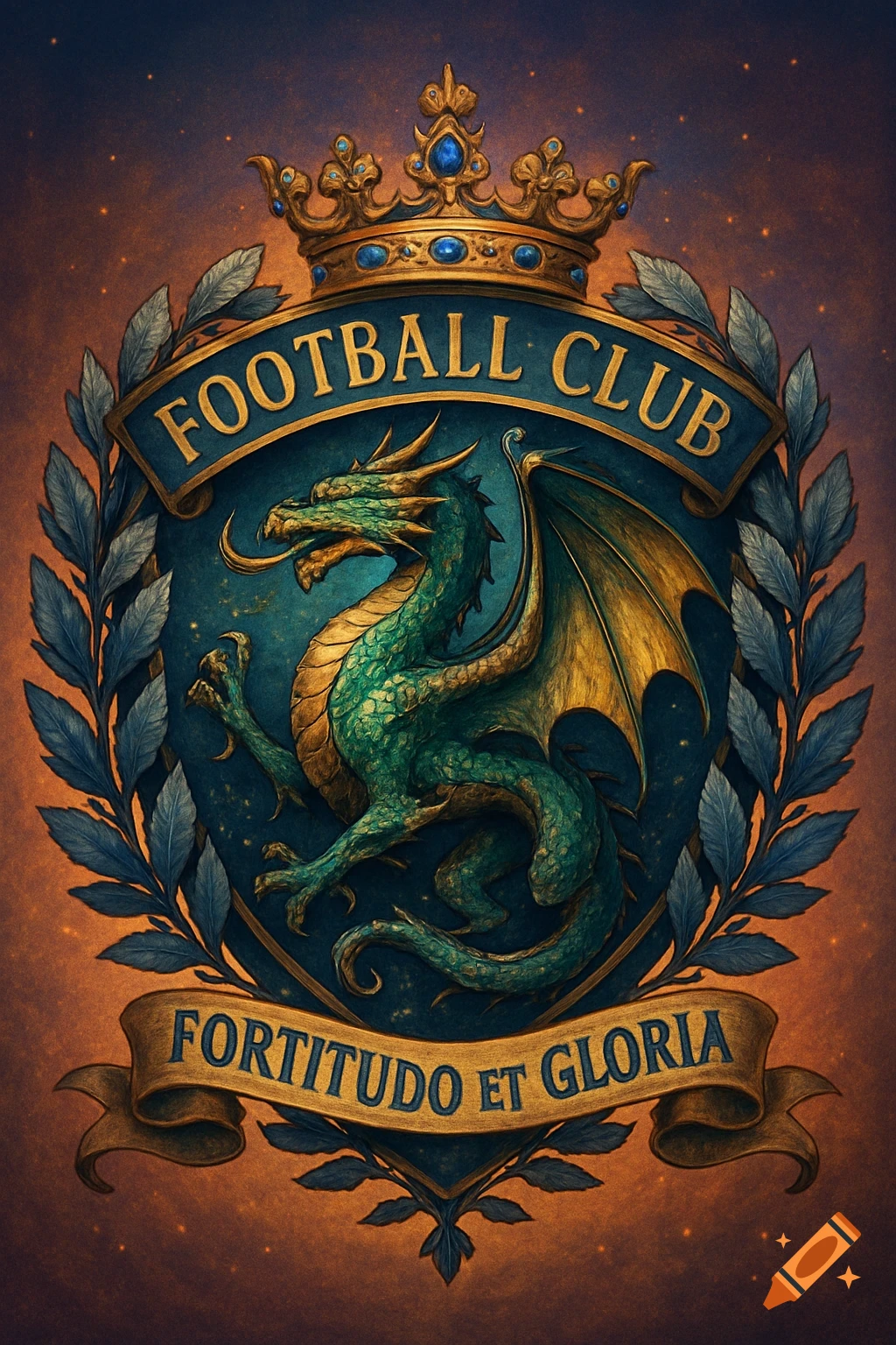 Regal fantasy football club badge with a green and gold dragon, crown, and laurel wreath on a dark background.