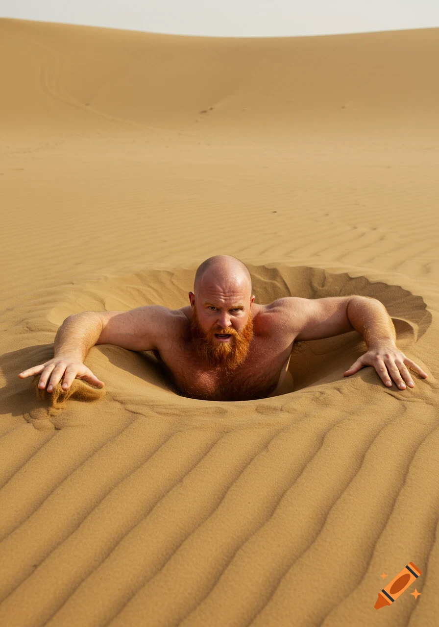 A bald, red-bearded man, shirtless, struggles to emerge from a circular pit of sand in a desert.