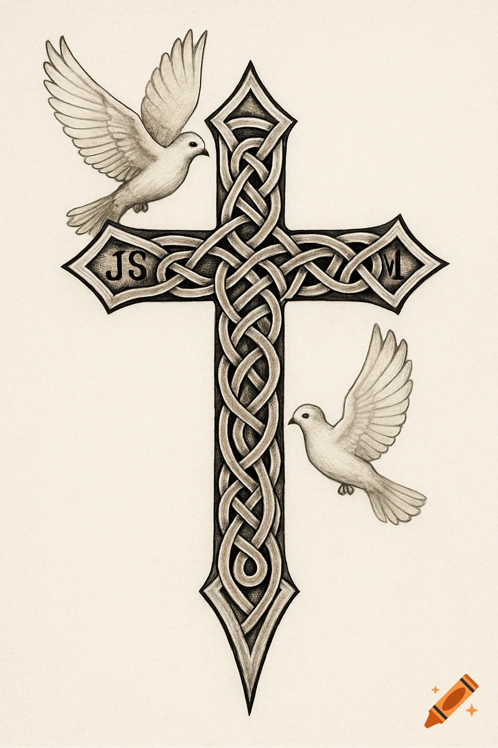 Pencil sketch of a Celtic cross with intricate knotwork, flanked by two doves. Initials 'JS' and 'M' are on the cross arms.