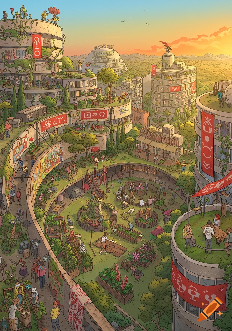 Detailed illustration of a multi-level circular city with extensive gardens, active people, and vibrant community spaces at sunset.