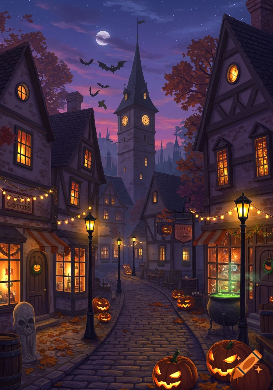 A mystical Halloween town street at twilight with glowing jack-o'-lanterns, string lights, shop windows, a clock tower, and bats flying.