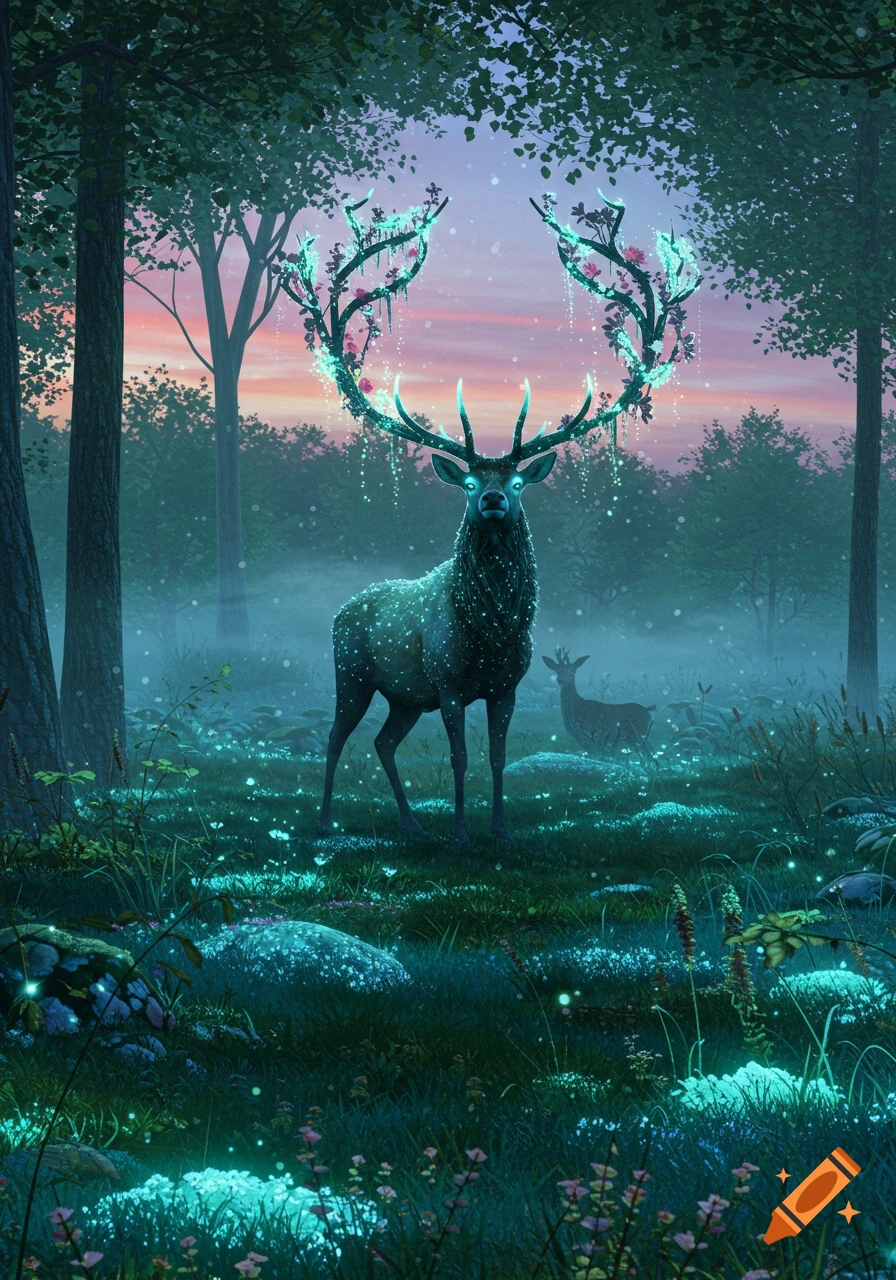 A majestic deer with glowing, ornate antlers stands in a misty, magical forest with a pink sunset sky.