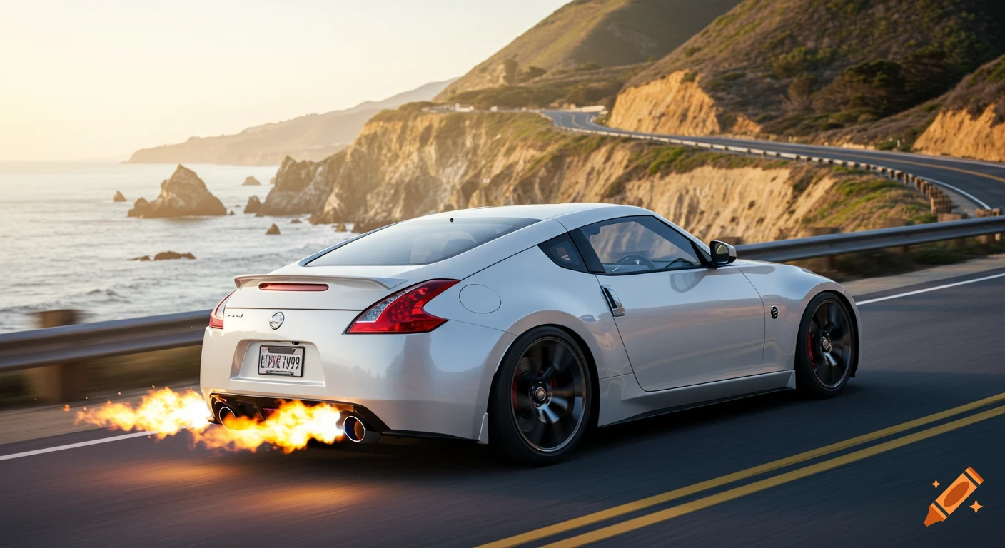A white Nissan 370Z with flames from its exhaust drives on a coastal highway overlooking the ocean at sunset.