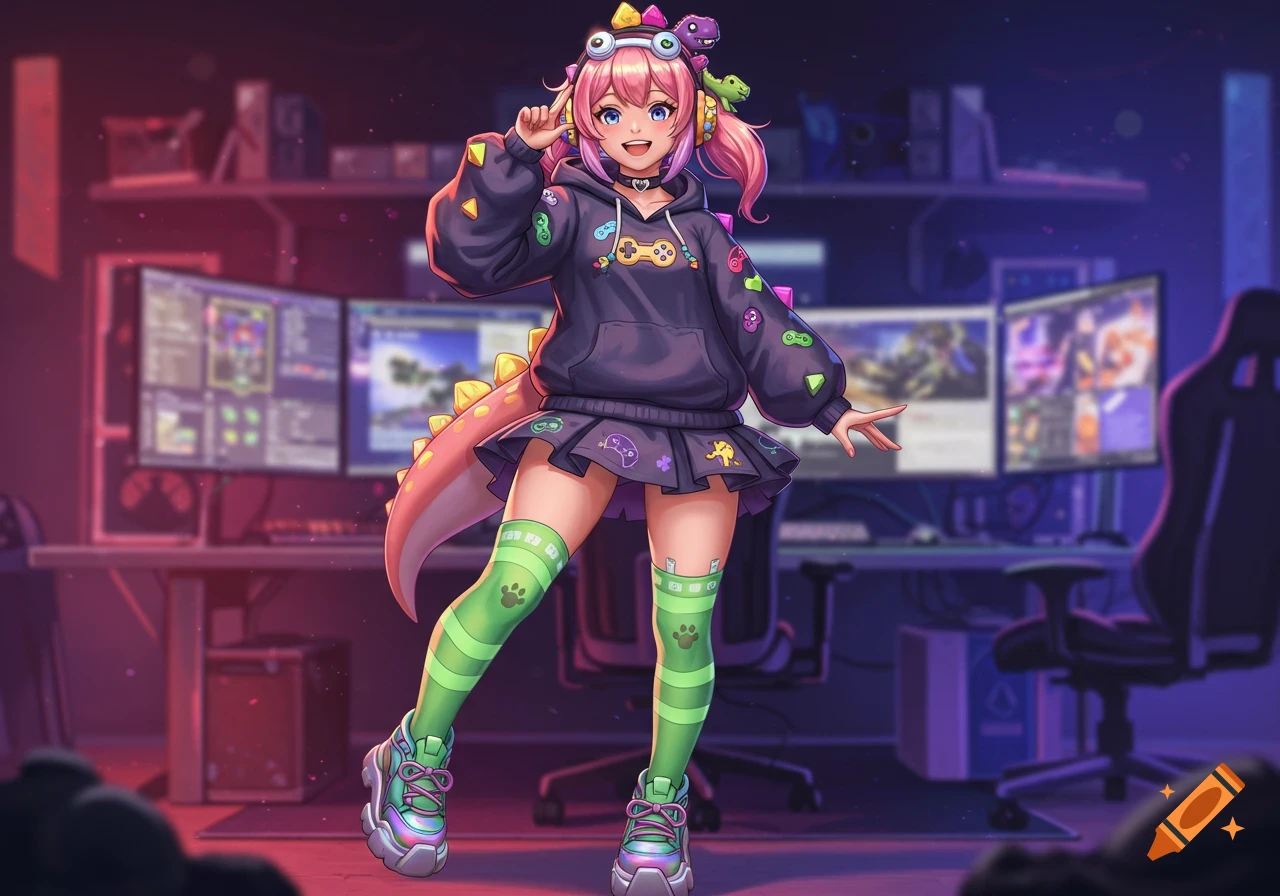 A vibrant anime dino girl vtuber in a black gamer hoodie and skirt, green striped socks, and colorful sneakers, standing in a purple-lit gaming room.