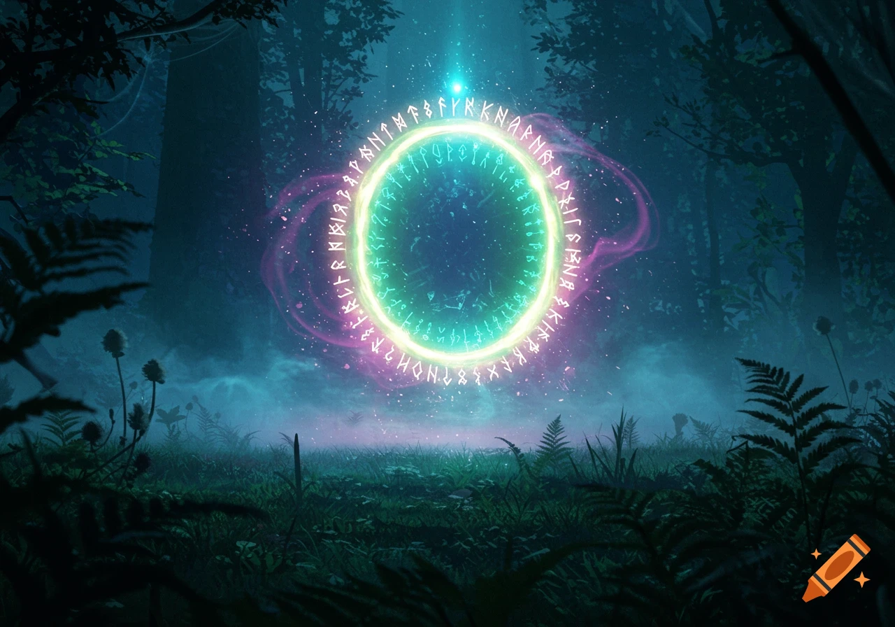A glowing, vibrant portal with mystical runes stands in the center of a dark, misty forest at night.